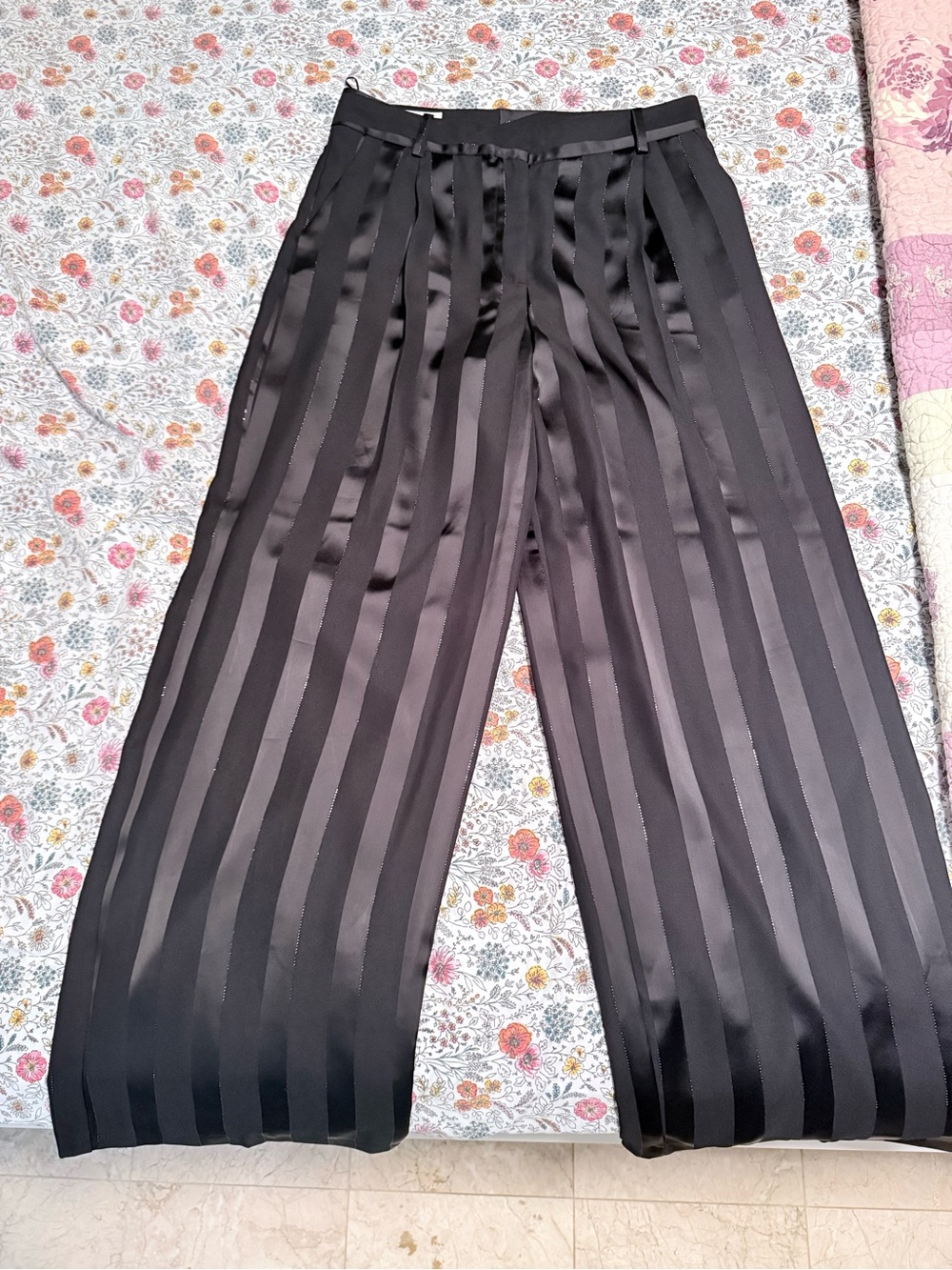 Zara Metallic Black Striped Wide-Leg pleated Pants